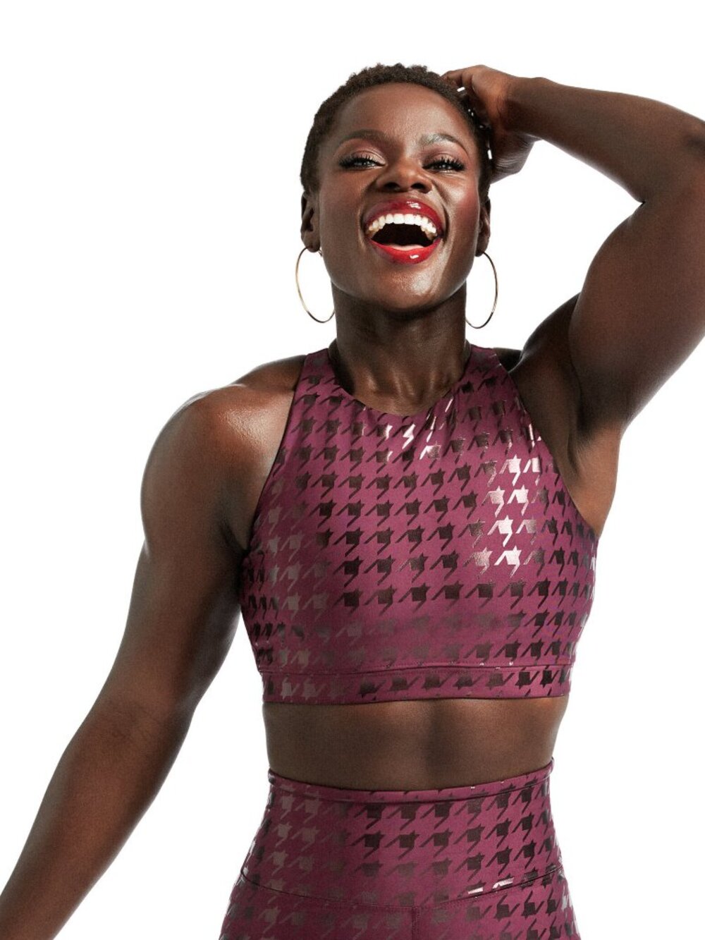 Peloton Wine Red Show Up Foil Houndstooth High Neck Racerback Sports Bra